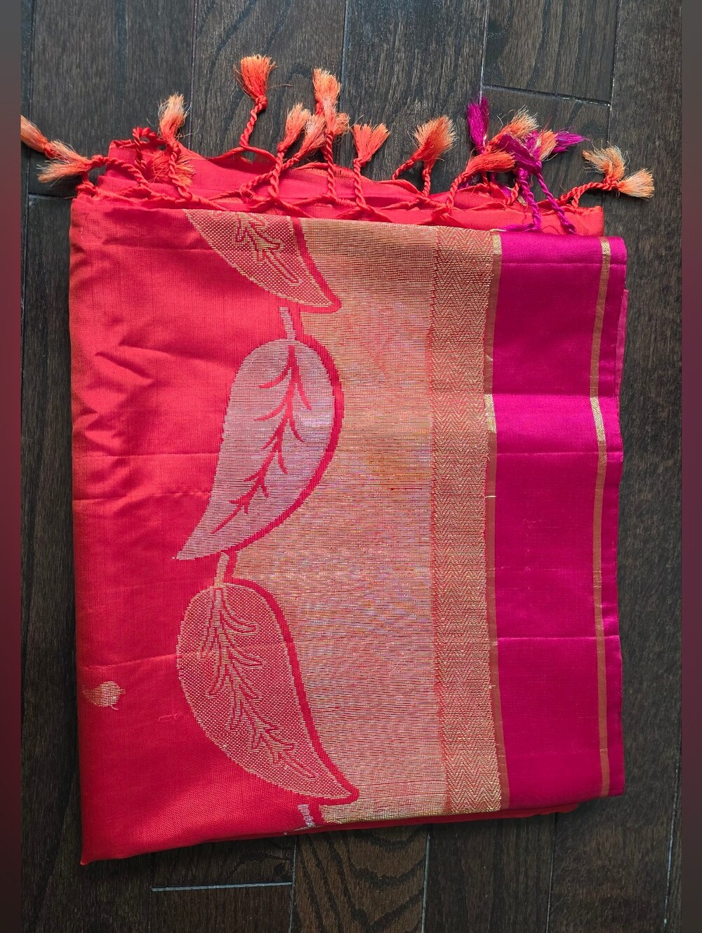 Orange Pink Silk Blend Saree Gold Zari Leaf Border With Blouse Piece
